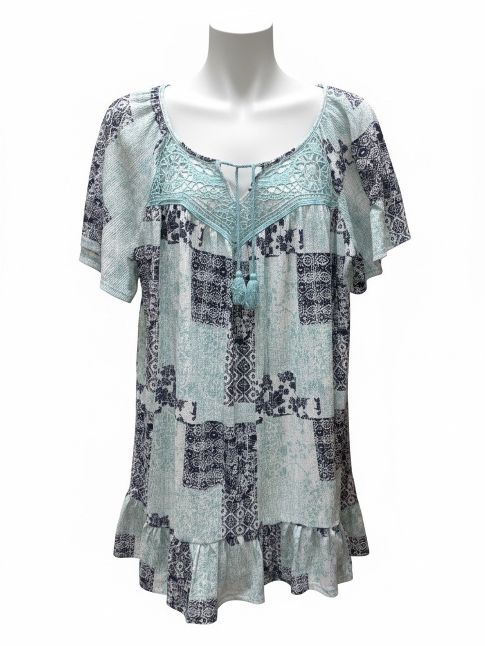 Absolutely Famous Mint & Navy Patchwork Lace-Yoke Tunic